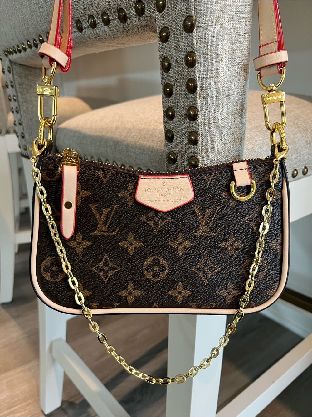 Faux LV Monogram Canvas Crossbody with Pink Trim and Gold Chain